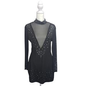 Black Mesh Plunge Mini Dress • Sheer Sleeves • Rhinestone Embellished Party Look